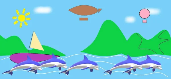Delfin Wyskakujący Wody Wektorowa Ilustracja Tropikalnej Wyspy — Zdjęcie stockowe