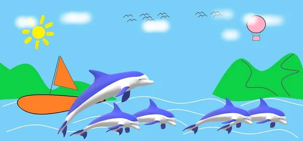 イルカは水から飛び降り熱帯の島のベクトル図は ストック写真