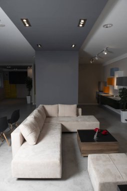 Masası ve kanepesi olan pahalı bir oturma odası.