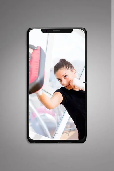 Smartphone Mockup Sport Motion App Koncept Med Kvinnlig Boxning — Stockfoto