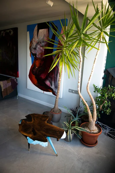 Apartamento Estudio Artistas Modernos Con Pinturas Abstractas Mesa Madera Hecha — Foto de Stock