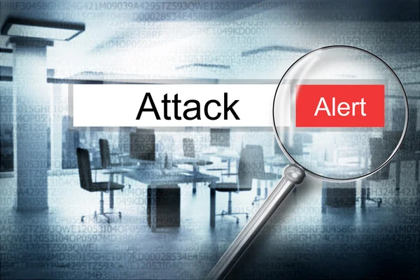 Magnifier websearch attack alert cybercrime office 3D Illustrati — Stock Photo, Image