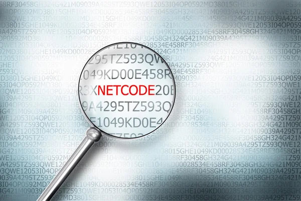 Scanning netcode on computer screen with magnifying glass 3D Ill — Stock Photo, Image