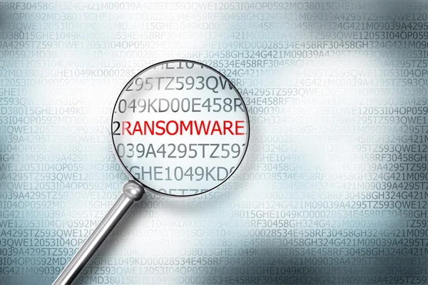 Lesen Ransomware auf Computerbildschirm Lupe 3d illust — Stockfoto