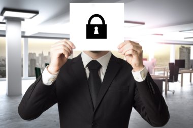 businessman in office hiding face sign lock symbol clipart