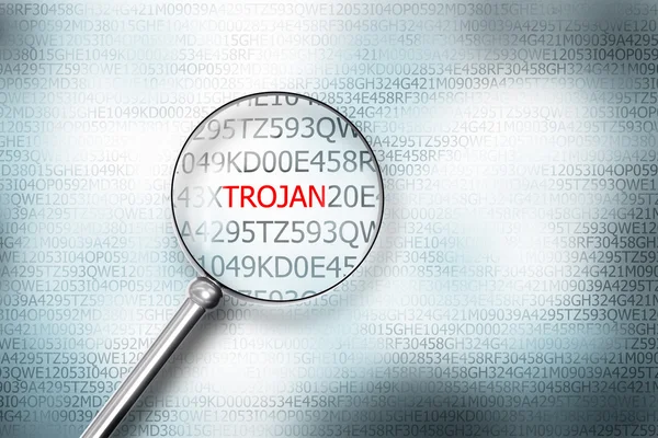 Suche Trojaner auf dem Bildschirm Vergrößerung 3D-Illustration — Stockfoto