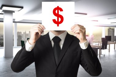 işadamı işareti Doları arkasında yüz gizleme