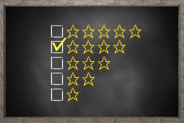 Golden rating four stars on black chalkboard 3D Illustration — Stock Photo, Image