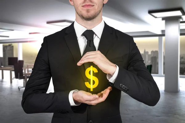 Businessman in office protecting money dollar — Stock Photo, Image