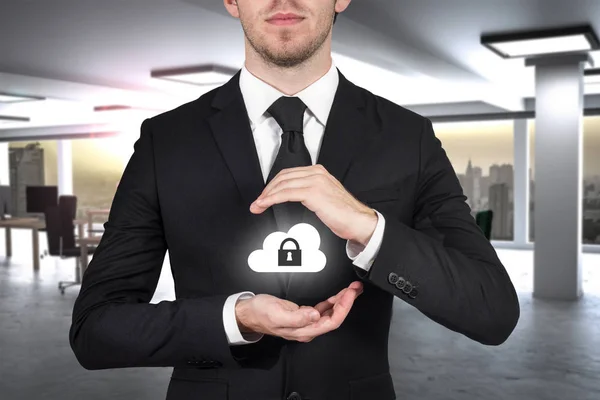 Businessman in office protecting internet cloud security with ha — Stock Photo, Image