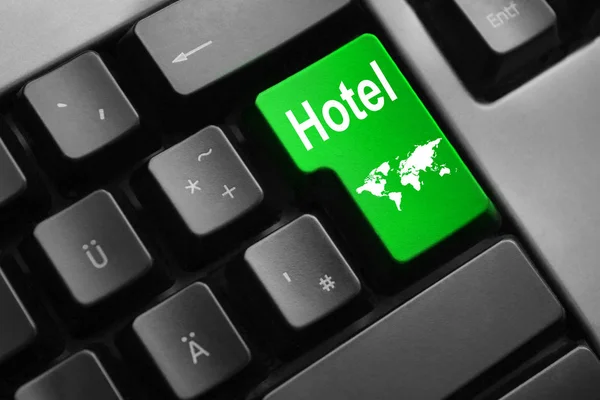 Κόσμο ξενοδοχείο πράσινο κουμπί πληκτρολογίου — Φωτογραφία Αρχείου