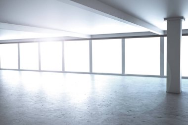 büyük temiz tasarımcı ofis pencere parlak gökyüzü 3d çizim
