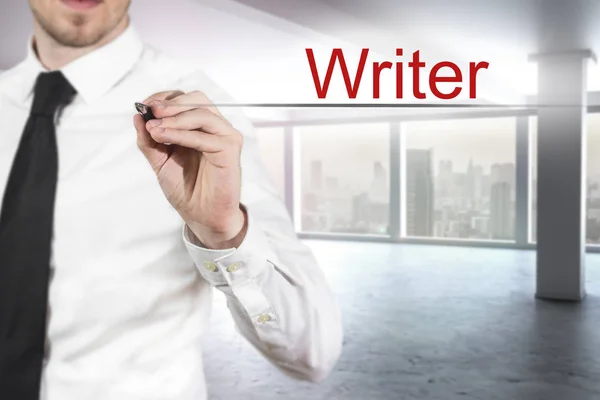 Businessman in office writing writer in the air — Stock Photo, Image
