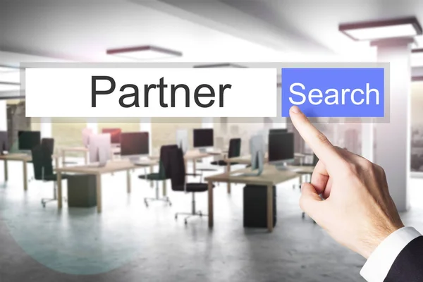 Finger pushing blue search button partner dating — Stock Photo, Image