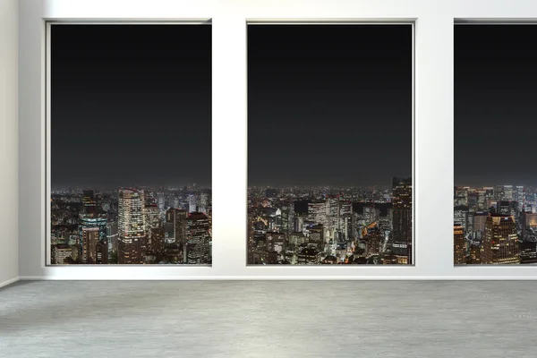 Gran ventana de oficina de diseño horizonte en la noche 3d ilustración — Foto de Stock
