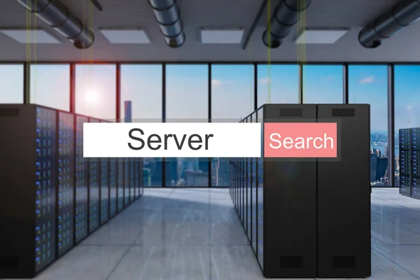 Server v červeném vyhledávacím panelu velké moderní serverové místnosti panoramatický pohled s — Stock fotografie