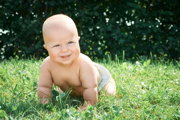 Lindo Niño Pequeño Arrastrándose Sobre Hierba Verde Día Soleado Sonriendo — Foto de Stock