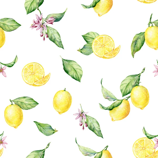 Limones frescos acuarela patrón sin costuras en el fondo blanco . — Foto de Stock