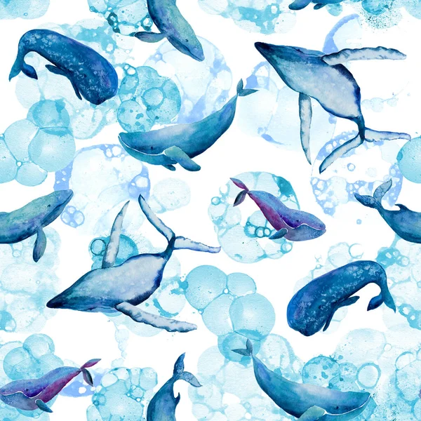 Vida Silvestre Grandes Ballenas Azules Acuarela Patrón Sin Costuras Sobre — Foto de Stock