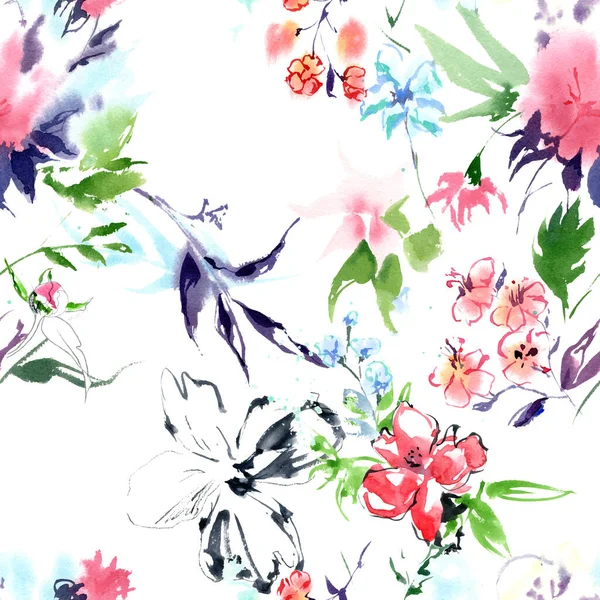 Fleurs Jardin Été Motif Sans Couture Aquarelle Sur Fond Blanc — Image vectorielle