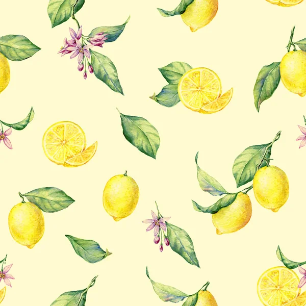 Limones Frescos Acuarela Patrón Sin Costuras Fondo Amarillo Hermosa Textura —  Fotos de Stock