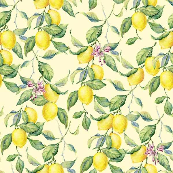 Limones frescos acuarela patrón sin costuras en el fondo amarillo. Hermosa textura dibujada a mano —  Fotos de Stock