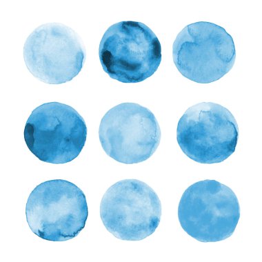 Suluboya daireler vektör mavi renkler topluyor. Suluboya lekeleri beyaz arkaplanda izole edildi. Tasarım elemanları. Retro geometrik desen