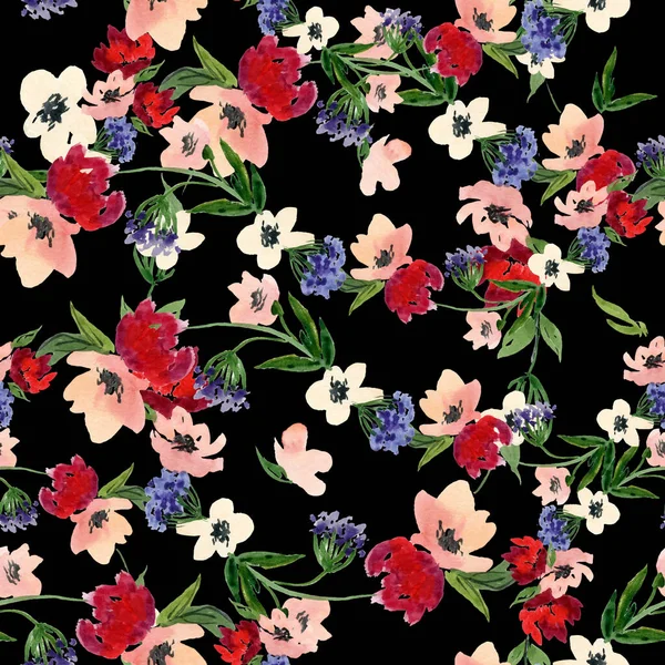 Jarní Květiny Vektor Akvarel Bezešvný Vzor Růže Sasanka Rukopis Pivoňkového — Stockový vektor