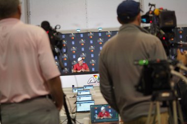 Arnold Palmer 2019 kazananı Francesco Molinari ile 3 Mart 2020 Salı günü Orlando, Florida 'daki Bay Hill' de basın toplantısı düzenledi. Fotoğraf: Marty Jean-Louis