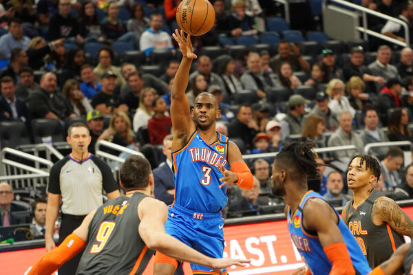 Oklahoma Thunder  player Chris Paul attempt to make a bastket at the Amway Center in Orlando Florida on Wednesday January 22, 2020.  Photo Credit:  Marty Jean-Louis