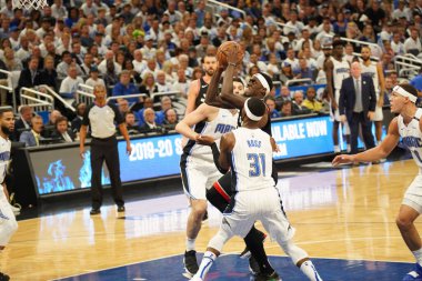 Orlando Magic 19 Nisan 2019 Cuma günü Orlando Florida 'daki Amway Arena' da düzenlenen NBA Playoff 1 'de Toronto Rapters' a ev sahipliği yapıyor. Fotoğraf: Marty Jean-Louis