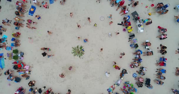 Воздушные Кадры Группы Людей Танцующих Песчаном Пляже — стоковое видео