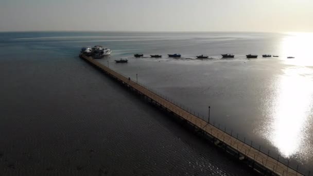 Manhã de uma mulher no cais. Voando um drone sobre o mar e iates — Vídeo de Stock