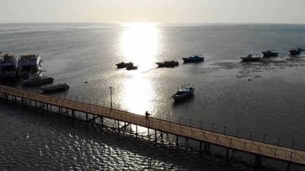Ochtendrit van een vrouw op de pier. Vliegen met een drone over zee en jachten — Stockvideo