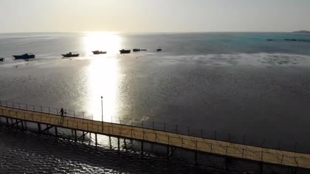 Утренняя пробежка женщины на пирсе. Полет беспилотника над морем и яхтами — стоковое видео