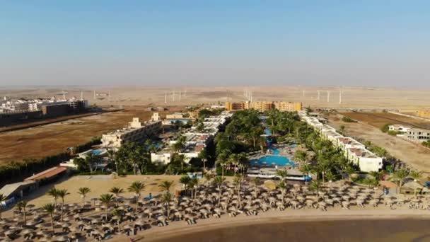 Prachtig landschap in Egypte over palmbomen en zwembad. Drone vlucht — Stockvideo