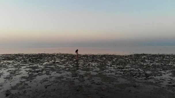 Fille marche au bord de la mer avec un beau coucher de soleil. Drone volant 