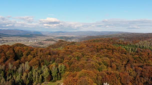 Drone vlucht op prachtige natuur. Gouden herfst in de Oekraïense Karpaten — Stockvideo