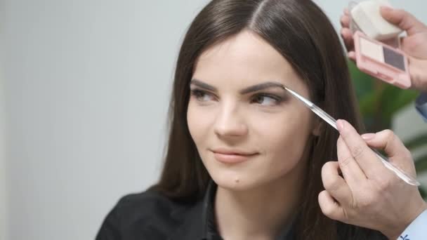 Makeup καλλιτέχνης κάνει επαγγελματικό μακιγιάζ σε ένα στούντιο ομορφιάς — Αρχείο Βίντεο