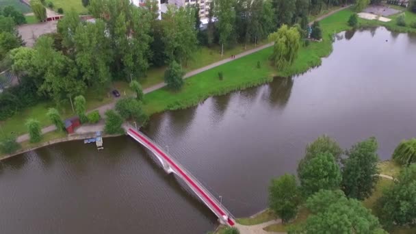 Vol de drone au-dessus du pont sur lequel une belle mariée et père va au marié. Mariage magnifique et original 