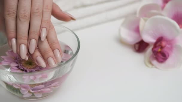 Chica mira manicura sobre fondo de flores — Vídeos de Stock