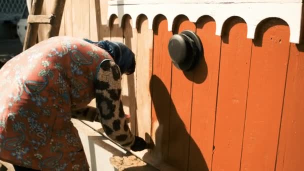 La mujer pinta una casa con pintura roja. Actualización de color — Vídeo de stock