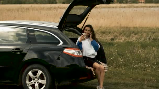 Doğada arabada oturan mutlu bir kız elinde bir telefonla bir video görüşmesiyle konuşuyor. — Stok video