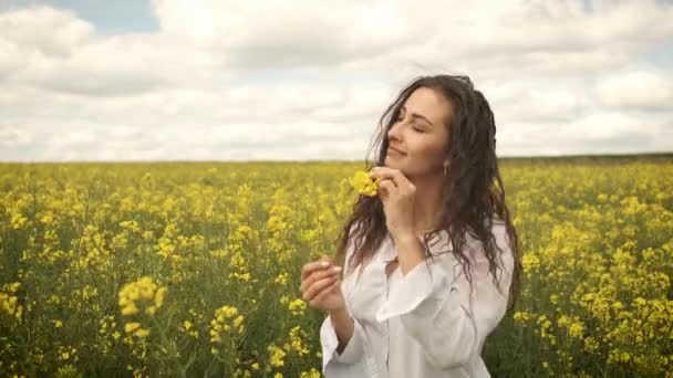 Chica feliz en primavera violada amarillo posa delante de la cámara y sonríe sinceramente — Vídeos de Stock