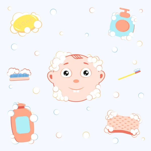 Carte Douche Pour Bébé Garçon Hygiène Personnelle Des Enfants Avec — Image vectorielle