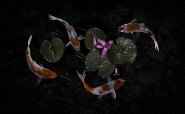 Yeşil bitkilerle suni havuzlarda koi balığı.