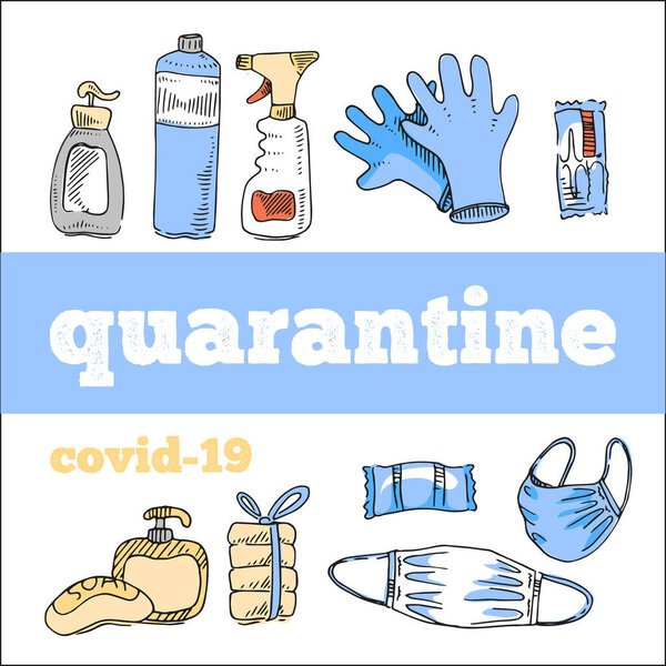 Дезинфицирующие средства и гигиена во время карантина. Быстрый набросок. Для использования на образовательных плакатах
.