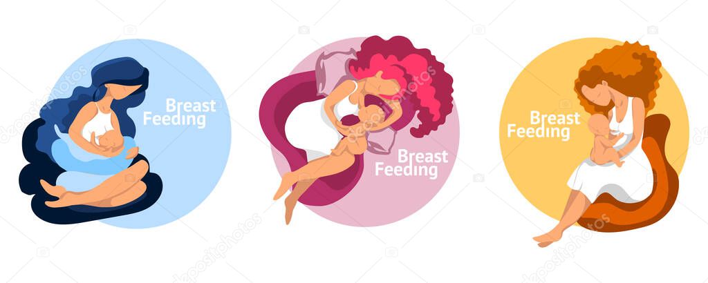 Set of three illustrations of different breastfeeding poses. The illustration is made in flat style in a limited color palette. For use in printing or web design. Vector illustration