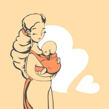 Bebek askısı takan anne, basit dolgularla çizim yapıyor.