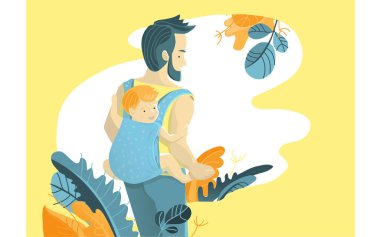 Daddy and son are slinging a warm day in nature, illustrating a semi-flat style clipart